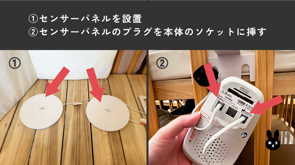 ベビーセンスホームはセンサーパネルを設置してプラグを本体のソケットに挿すだけ