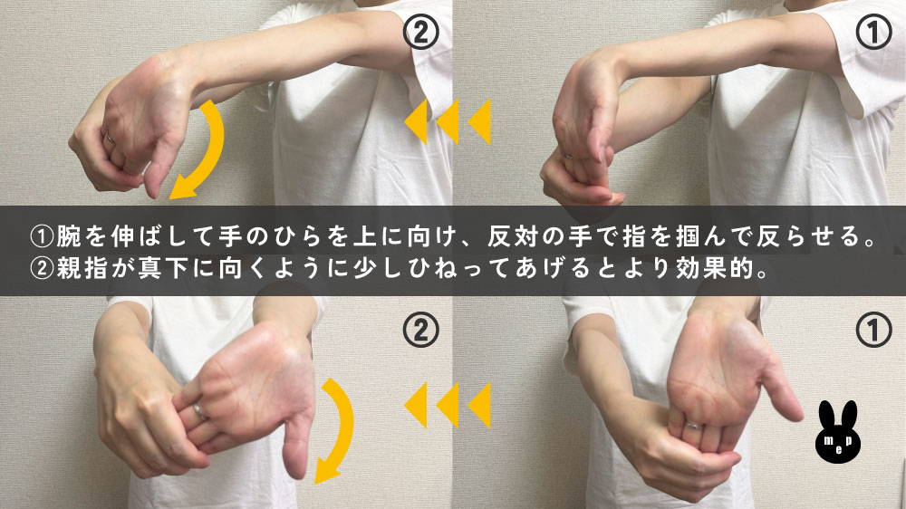 腱鞘炎の保存療法　筋肉を伸ばすストレッチ 腕を伸ばして手のひらを上に向け、反対の手で指を掴んで反らせる。親指が真下に向くように少しひねってあげるとより効果的。